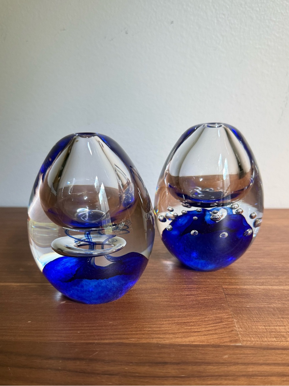 Artcristal Bohemia Blue Blown Glass Egg Bud Vases / Paperweights - Pair of 2